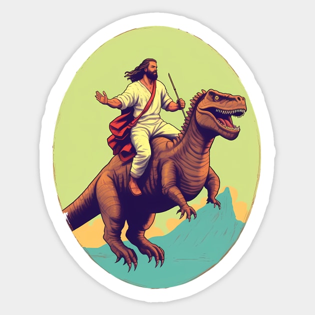 Jesus riding t rex, Funny Christian Design Sticker by logiamerch